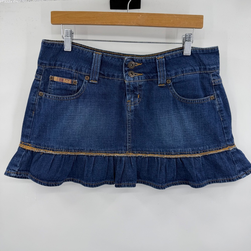 L.E.I. Denim Ruffle Mini Skirt Womens Size 9 Blue Y2K Low Rise Cotton